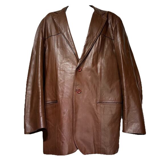 Vintage 60s 70s Uru Recoleta Mens Brown Leather Argentina Jacket Coat Size 56 - Picture 1 of 9